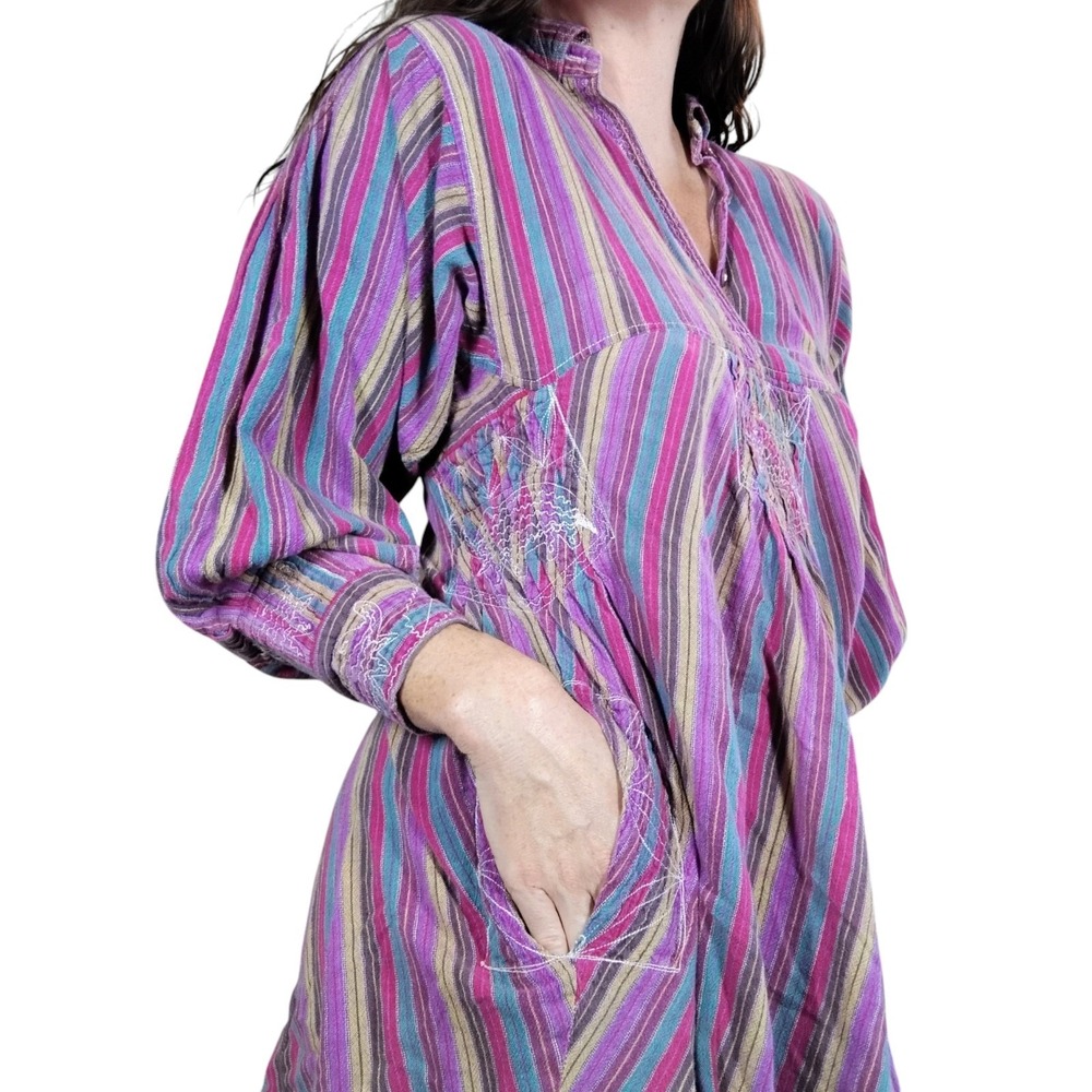 Vintage Bohemian Tunic Womens Small Striped Elephant Embroidered Hippie 70s Boho - Picture 1 of 15